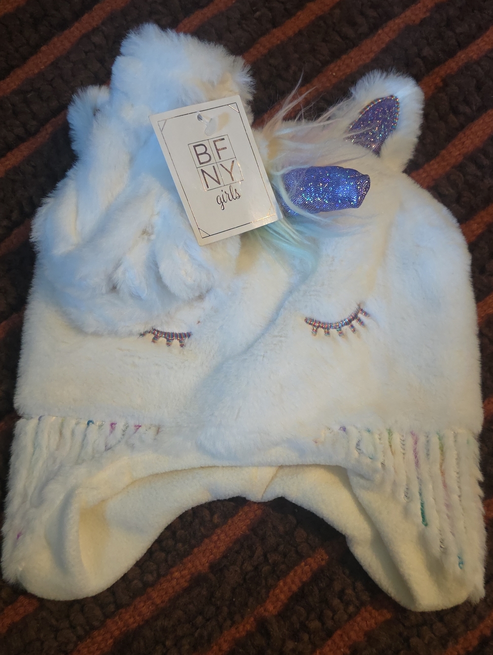 BFNY Girls White Unicorn Earflap Hat and Mittens with Sparkle Details